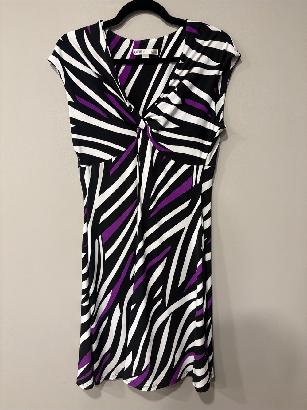 cleo Purple, Black & White Twist-Front Midi Dress